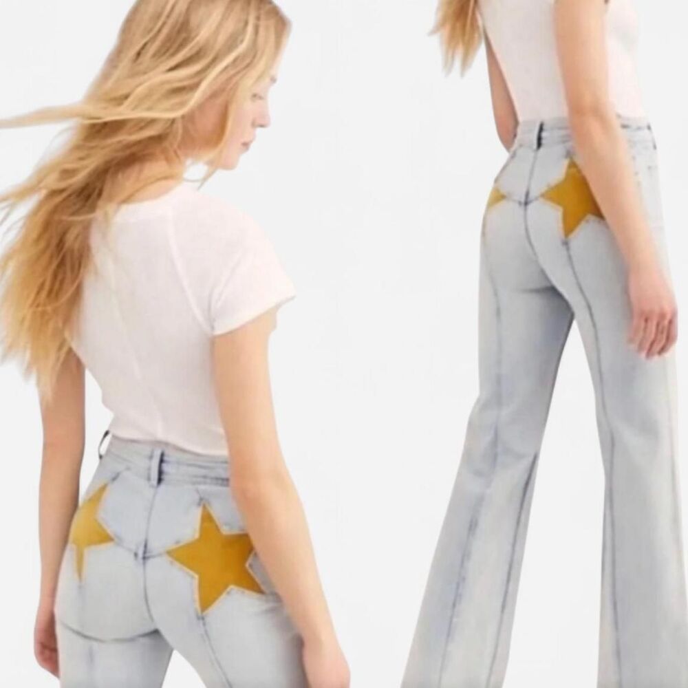 Free People firecracker Light Blue Flare Jeans with mustard yellow Star - Picture 7 of 8